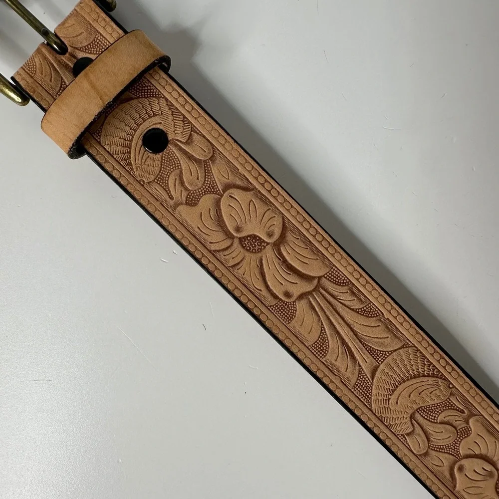 Canterbury Tooled Leather Belt Tan Floral Full Grain Cowhide USA Made Mens 36
